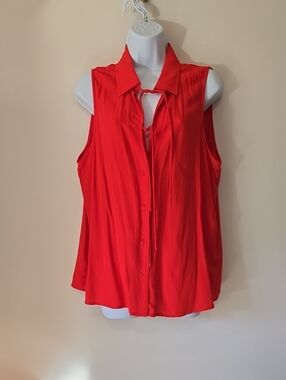 LOFT Sleeveless Tie-Neck Button Front Blouse in Bright Red